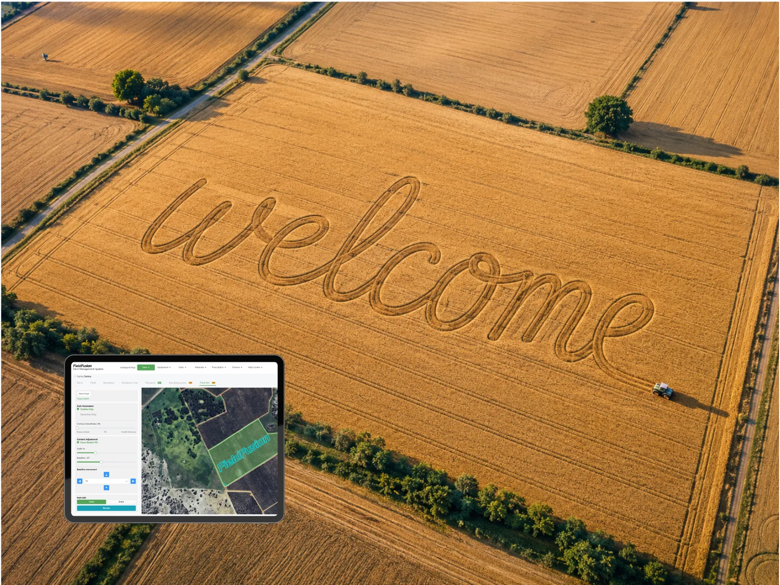 FieldArt aerial field design formed from planned routes